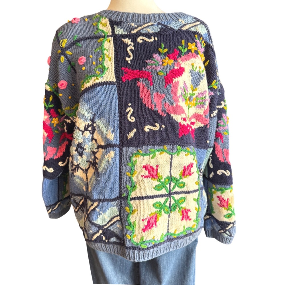 Vintage Jennifer Reed Hand Knit Sweater Cottagecore Floral L - Picture 1 of 10